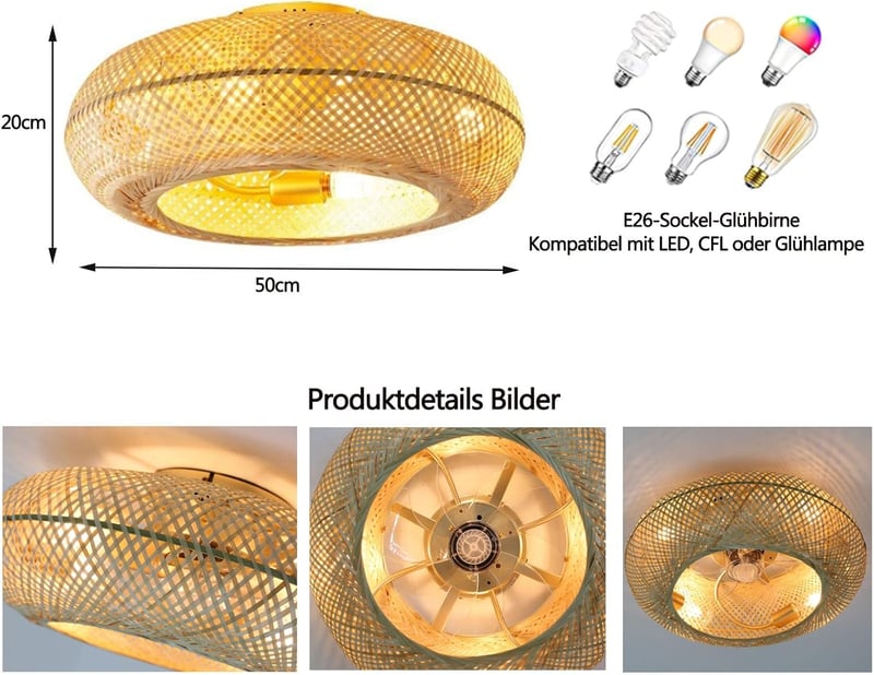 MiiR Bambusz Mennyezeti Ventilátor Lámpával, Távirányítóval, 6 Fokozat