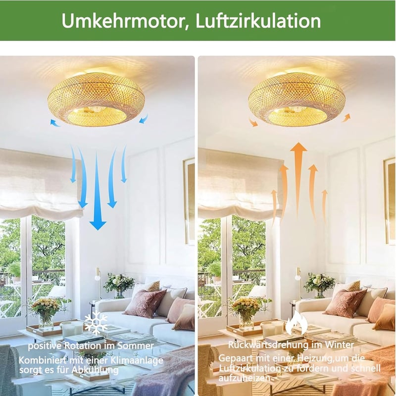 MiiR Bambusz Mennyezeti Ventilátor Lámpával, Távirányítóval, 6 Fokozat