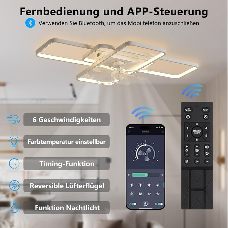 MiiR LED mennyezeti lámpa ventilátor 80W távirányítóval, 6 fokozat, halványítható - 72cm, White