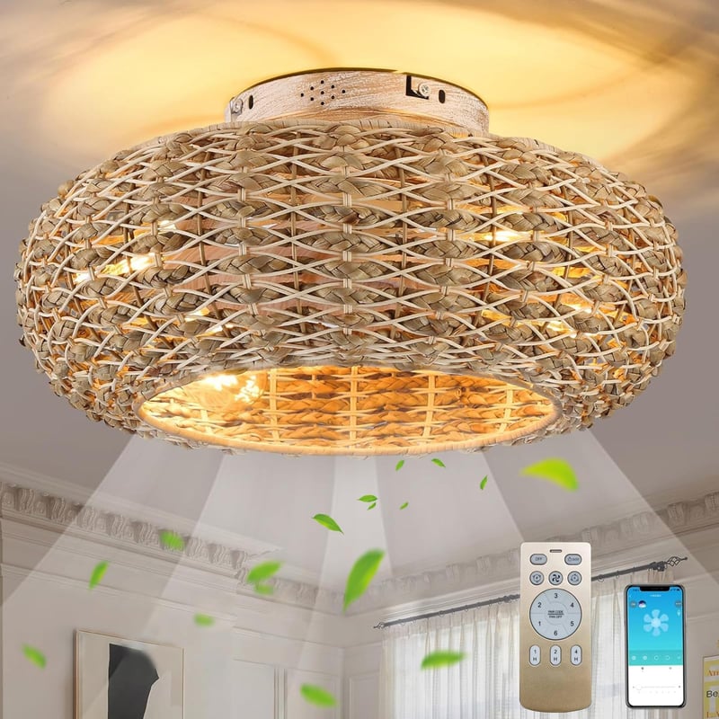 MiiR Mennyezeti Ventilátor Lámpával Rattán E27 Távirányítóval és Applikációval Csendes 6 Sebesség Visszafordítható Időzítő Nappali Hálószoba 50 cm