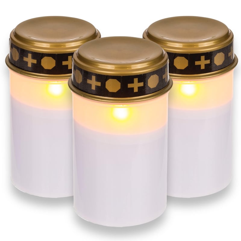 MIJOMA LED nadgrobni lampion bijeli, set od 3 komada za vanjsku upotrebu, na baterije, s efektom treperenja, za grobove i spomen-mjesta