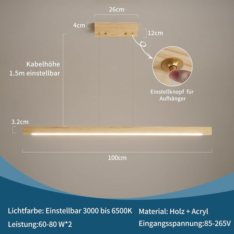 Mikeru 100cm Tölgy Függőlámpa Dimmelhető Távirányítóval 3000-6000K Memóriafunkcióval