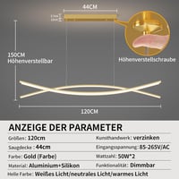 Mikeru 120 cm Szabályozható Függőlámpa - Arany Minimál Mennyezeti Világítás 3 Színhőmérséklettel, Távirányítóval Nappaliba, Konyhába 2