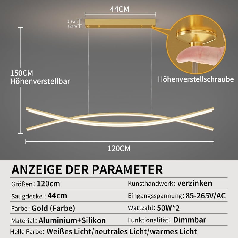 Mikeru 120 cm Szabályozható Függőlámpa - Arany Minimál Mennyezeti Világítás 3 Színhőmérséklettel, Távirányítóval Nappaliba, Konyhába