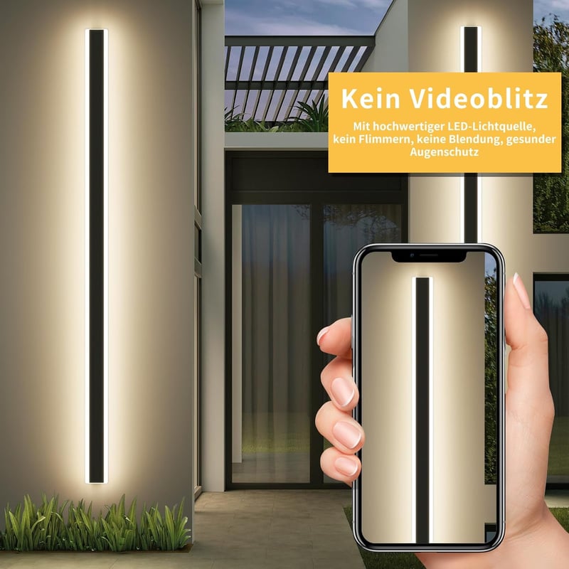 Mikeru 180 cm-es Kültéri Fali Lámpa, 3000K Meleg Fehér LED Világítás, 60W, IP65 Vízálló, Fekete Alumínium, Kerthez, Erkélyhez, Folyosóhoz