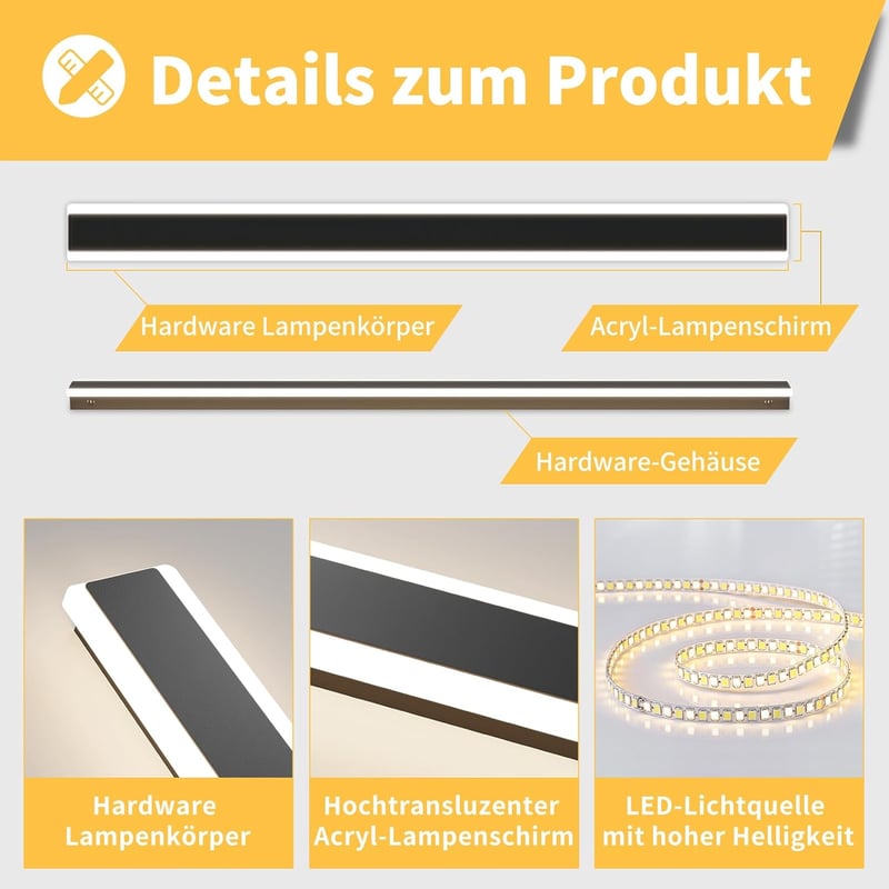 Mikeru 180 cm-es Kültéri Fali Lámpa, 3000K Meleg Fehér LED Világítás, 60W, IP65 Vízálló, Fekete Alumínium, Kerthez, Erkélyhez, Folyosóhoz