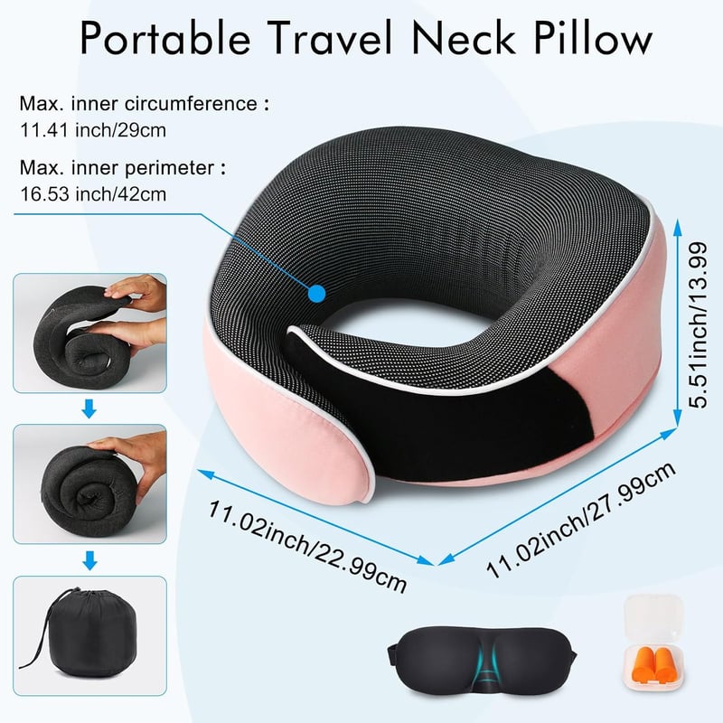 MILADO Utazási Nyakpárna Memory Foam Repülőgéphez Rózsaszín 3D Szemmaszkkal