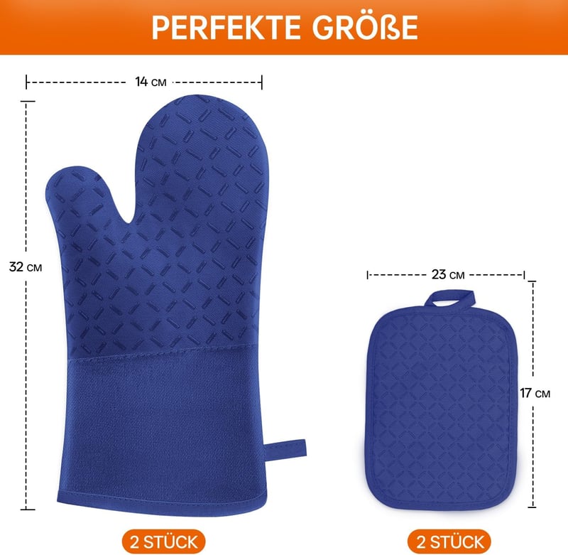 MILcea Sütőkesztyű 4 részes szett, 300°C hőálló, csúszásmentes konyhai kesztyű - Blue