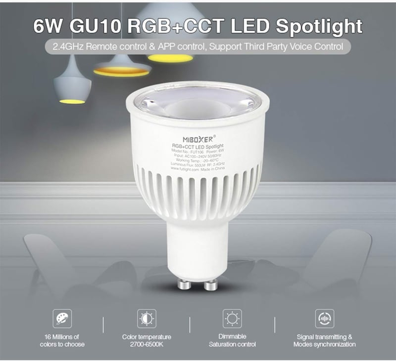 Milight Miboxer GU10 RGB+CCT LED Spotlámpa Szett - 4db 6W Színváltós Izzó Távirányítóval, Okosotthon Kompatibilis, Állítható Színhőmérséklet
