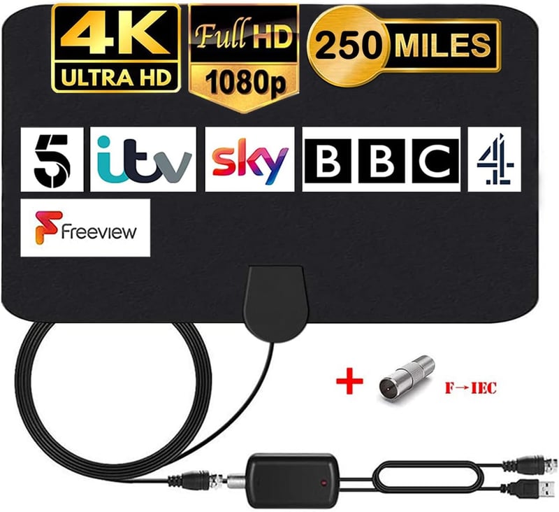 MILIWAN TV Antenna Erősítővel - HDTV DVB-T/DVB-T2 Digitális Antenna 4,4m Kábellel, Ablakra Ragasztható VHF/UHF/FM Vevőantenna