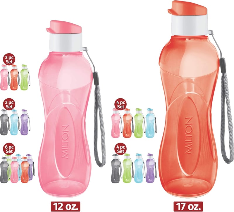 MILTON Gyermek Kulacs Szett 6db - 355ml BPA-mentes Műanyag Ivópalack Hordozópánttal, Szivárgásmentes, Kiránduláshoz, Sportoláshoz, Iskolába