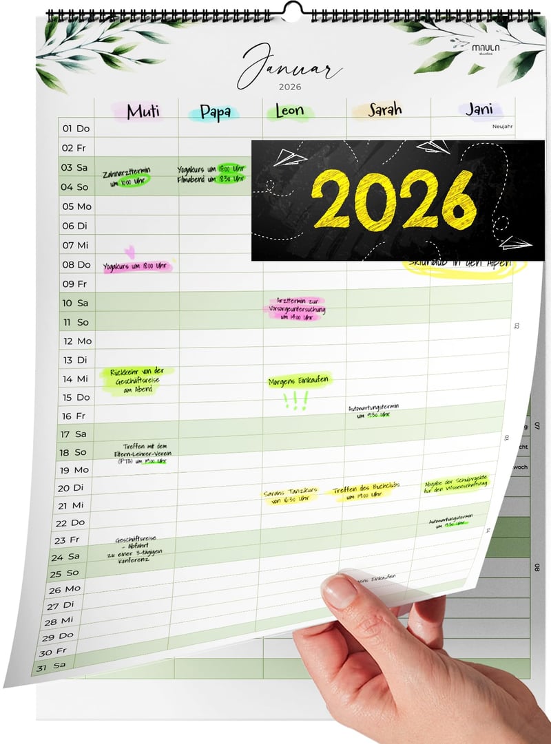 Rodinný kalendár Milula Studios 2026 – Nástenný kalendár s 5 stĺpcami, A4 (21 x 31 cm), jan. – dec. 2026, školské prázdniny a narodeniny