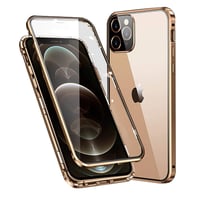 Magnetický kryt MIMGOAL na Apple iPhone 12 Pro, 360-stupňová úplná ochrana, kovový rám, predná a zadná strana z tvrdeného skla, ultratenký priehľadný flipový obal, zlatý 1