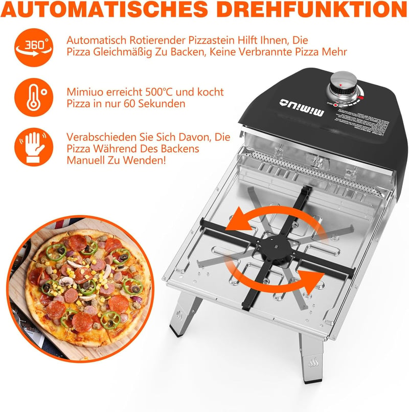 Mimiuo gázüzemű pizzasütő forgólappal, pizzakővel és tálcával, fekete
