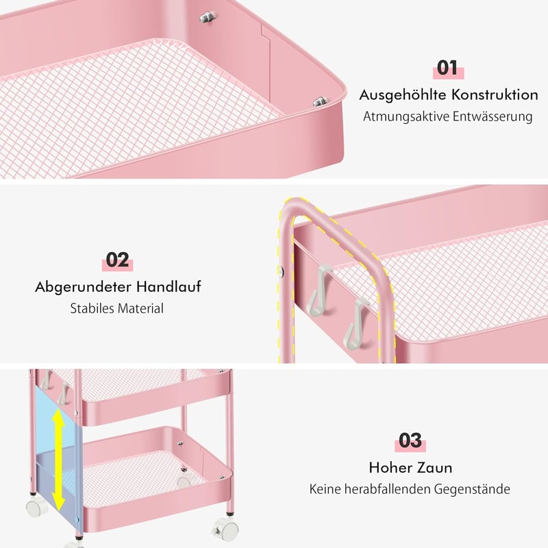 Mimoke 3 szintes gurulós kocsi 360° kerékkel, konyha fürdőszoba tároláshoz