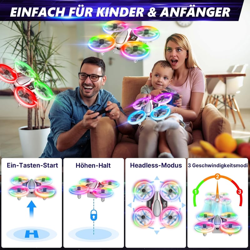 Mini drón HD 720P kamerával gyerekeknek, RC drón többszínű LED lámpákkal, 3D-s forgatható kvadrokopter 3 akkumulátorral