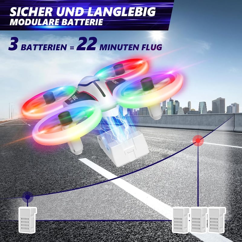 Mini drón HD 720P kamerával gyerekeknek, RC drón többszínű LED lámpákkal, 3D-s forgatható kvadrokopter 3 akkumulátorral