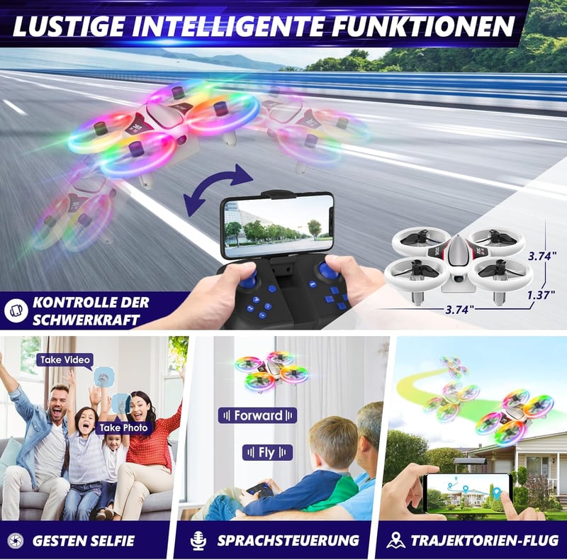 Mini drón HD 720P kamerával gyerekeknek, RC drón többszínű LED lámpákkal, 3D-s forgatható kvadrokopter 3 akkumulátorral