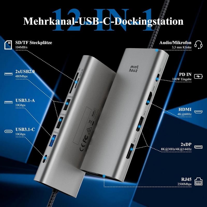 Minthouz 12 az 1-ben USB-C dokkoló 3 monitor, 100W PD, 8K/4K, Thunderbolt 3/4