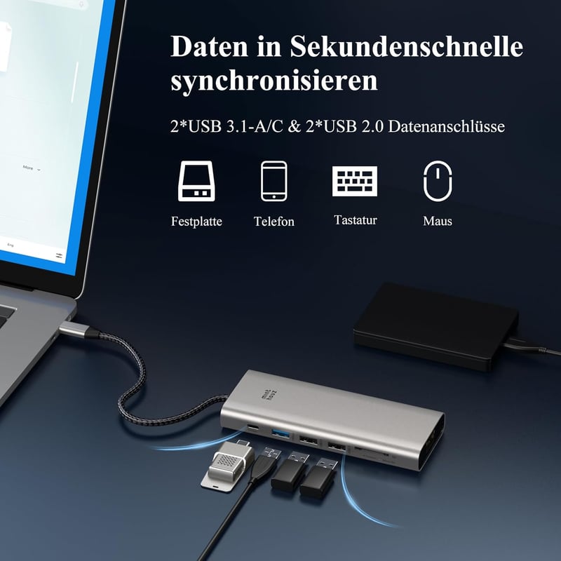 Minthouz 12 az 1-ben USB-C dokkoló 3 monitor, 100W PD, 8K/4K, Thunderbolt 3/4