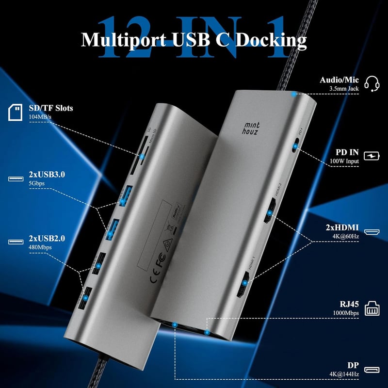 Minthouz 12 az 1-ben USB-C Dokkoló, Tripla Monitor Támogatás 4K@144Hz, 100W PD, DP+2×HDMI, 4×USB, LAN, SD/TF Kártyaolvasó, Dell/HP/Lenovo La