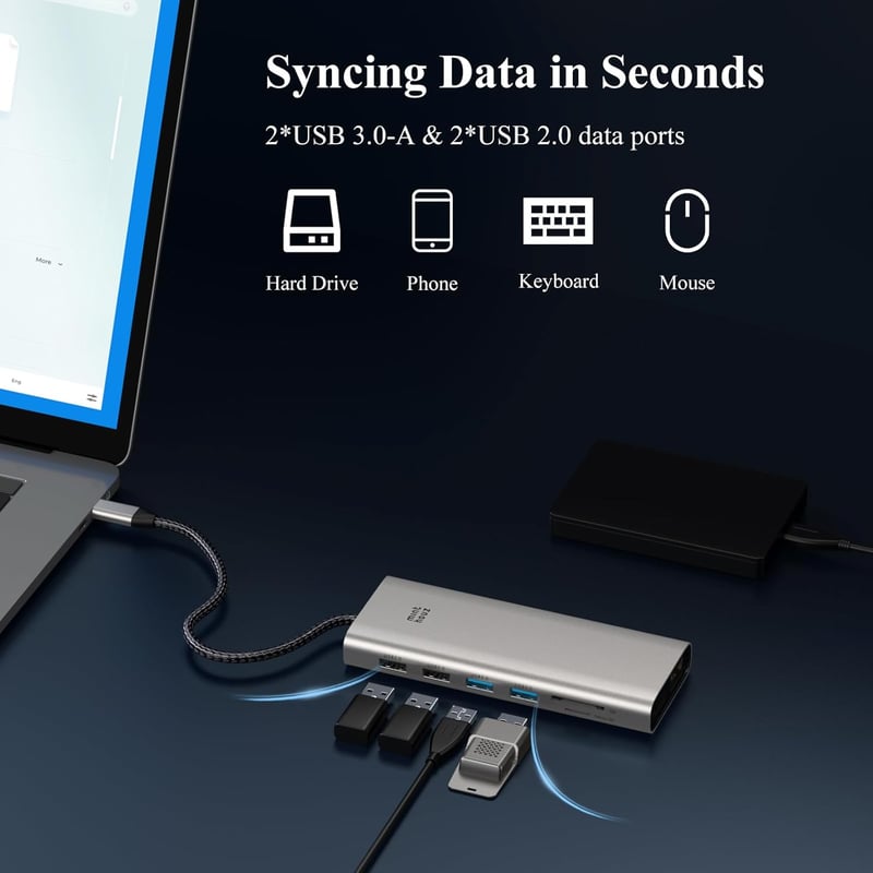Minthouz 12 az 1-ben USB-C Dokkoló, Tripla Monitor Támogatás 4K@144Hz, 100W PD, DP+2×HDMI, 4×USB, LAN, SD/TF Kártyaolvasó, Dell/HP/Lenovo La