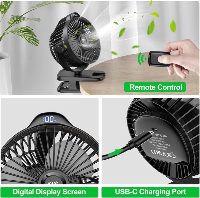 Minthouz Klippes Ventilátor USB 8000mAh, 5 Fokozat, Hordozható Mini Ventilátor Kempinghez