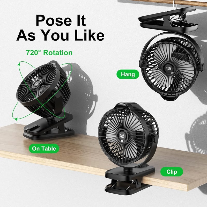 Minthouz Klippes Ventilátor USB 8000mAh, 5 Fokozat, Hordozható Mini Ventilátor Kempinghez