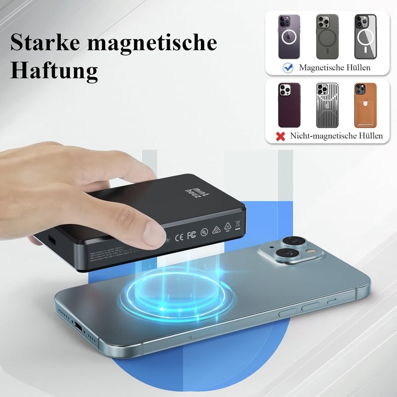 Minthouz MagSafe Powerbank 10000mAh - 20W Mágneses Vezeték Nélküli Hordozható Töltő iPhone 16/15/14/13/12 és Samsung Készülékekhez, Gyorstöl