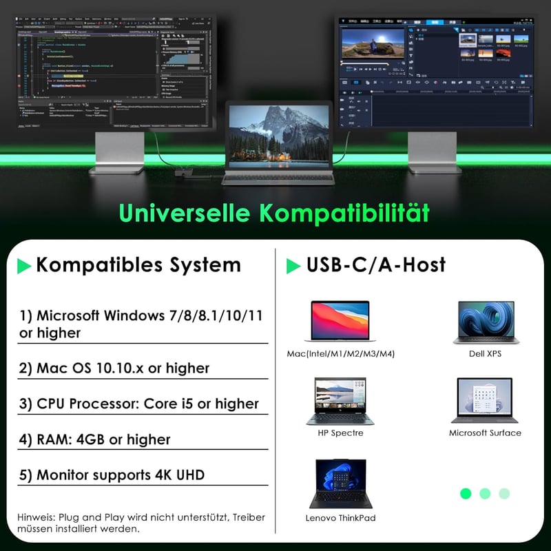 Minthouz USB 3.0/USB C Dual HDMI Adapter - 4K+1080p Kettős Monitor Elosztó Windows és MacBook M1/M2/M3 Kompatibilis, Dell HP Surface Lenovo