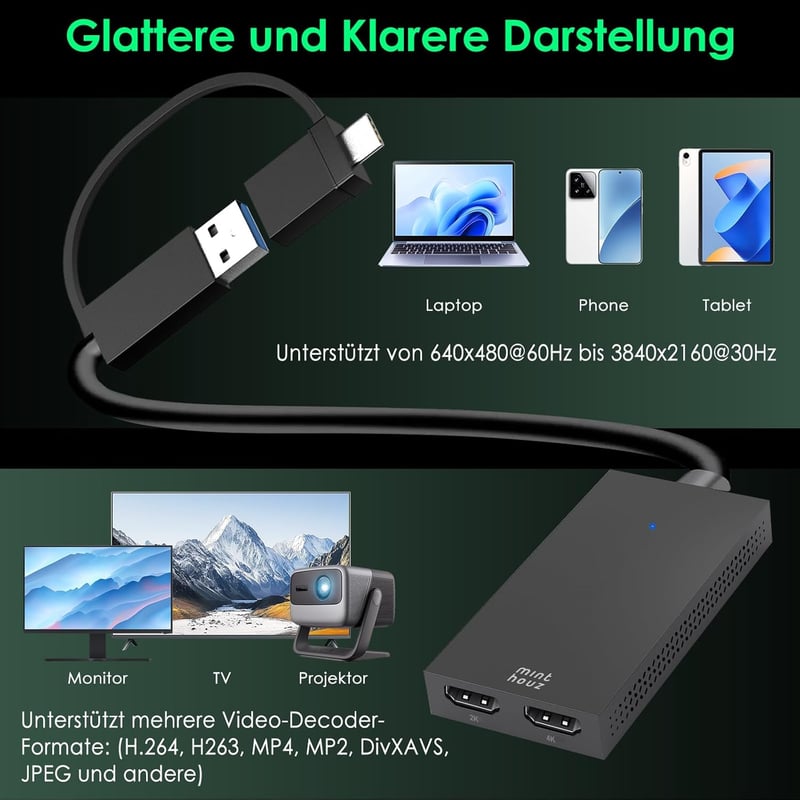 Minthouz USB 3.0/USB C Dual HDMI Adapter - 4K+1080p Kettős Monitor Elosztó Windows és MacBook M1/M2/M3 Kompatibilis, Dell HP Surface Lenovo