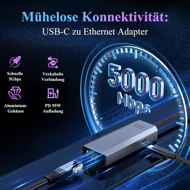 Minthouz USB-C Ethernet adapter 5GB RJ45 LAN, 95W PD, Thunderbolt 4/3