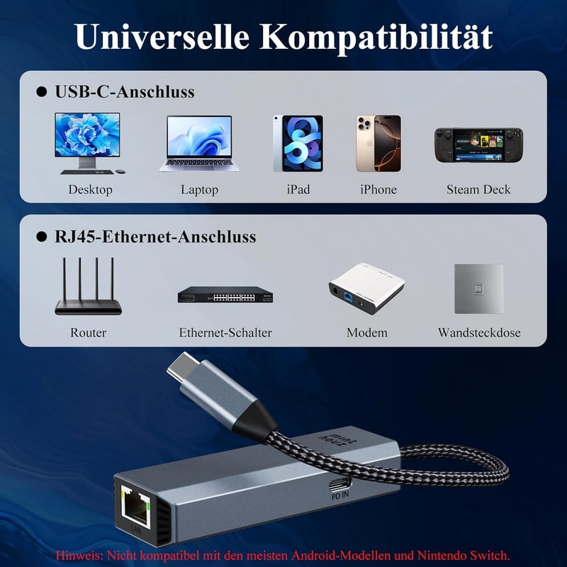 Minthouz USB-C Ethernet adapter 5GB RJ45 LAN, 95W PD, Thunderbolt 4/3