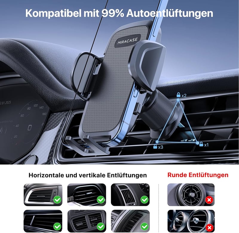 Miracase autós telefontartó 360° forgatható univerzális autó telefon tartó szellőzőrácsra - Suction cup and ventilation