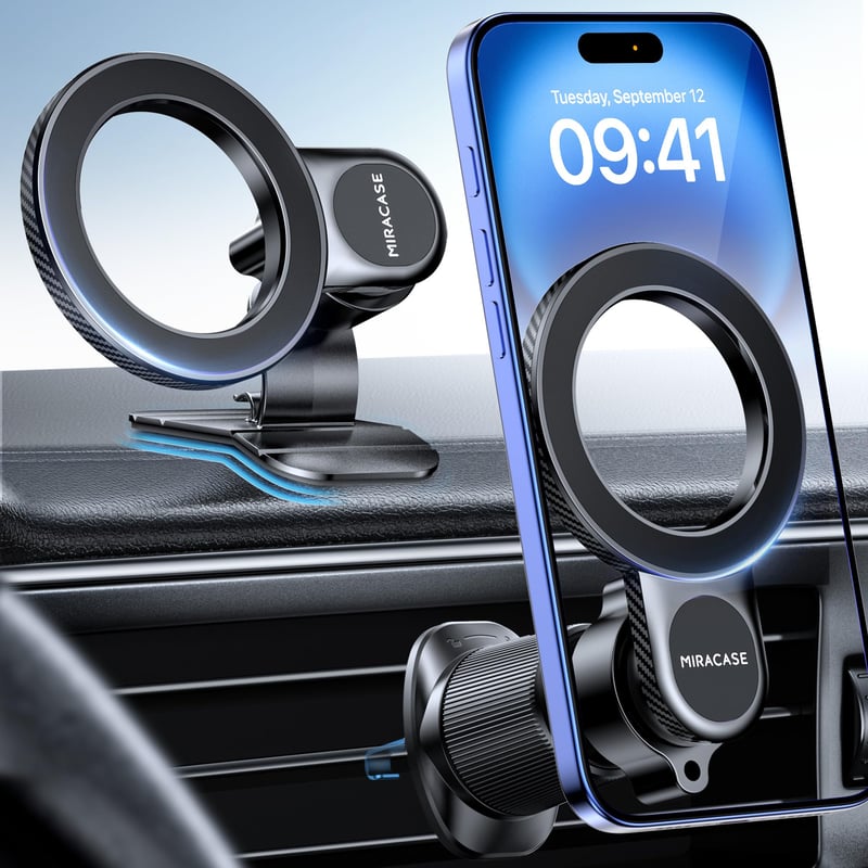 Suport Auto Magnetic Miracase MagSafe - cu 20 Magneți N55, Rotire 360°, Suport Magnetic Universal pentru iPhone și Smartphone, Negru