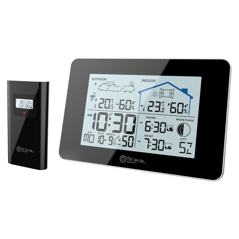 Stație meteo wireless Miraval cu senzor extern, fazele lunii, răsărit, umiditate, 2 alarme, prognoză meteo, afișaj mare, negru