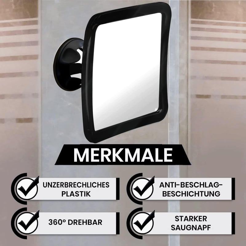 Mirrorvana Párásodásmentes Zuhanytükör Borotválkozáshoz, Erős Tapadókorongos, Törhetetlen, 360° Forgatható Fürdőszobai Tükör, 16,3 x 16,3 cm