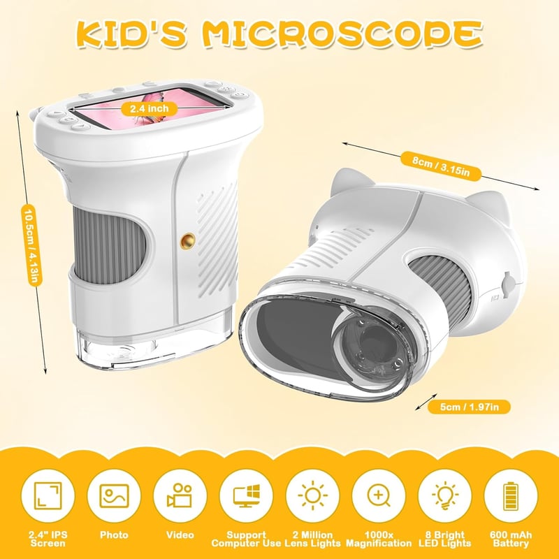 Misilmp 1000x digitális gyermek mikroszkóp 2.4" kijelzővel, 8 LED-del, hordozható fehér - White