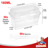Mispudin 50 ks obdĺžnikových plastových pohárov na dezert s viečkom a lyžičkou, 160 ml, opakovane použiteľné, priehľadné, na tiramisu, penu, puding, parfait 3