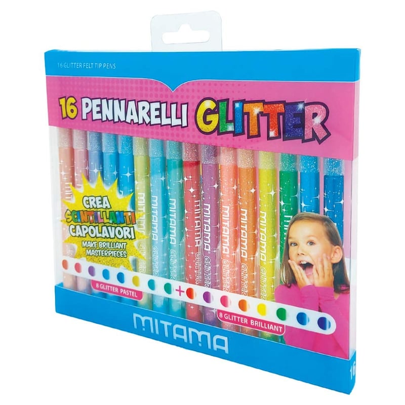 Set carioci cu sclipici Mitama, 16 bucăți, Carioci cu vârf subțire și sclipici, 8 carioci standard + 8 carioci cu sclipici, formă triunghiulară, lavabile, set creativ pentru copii