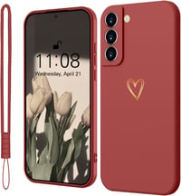 Silikónový kryt Mitetabo pre Samsung Galaxy S21 FE 5G so zlatým srdcom, tenký, odolný voči poškriabaniu, kompletná ochrana, červený 1