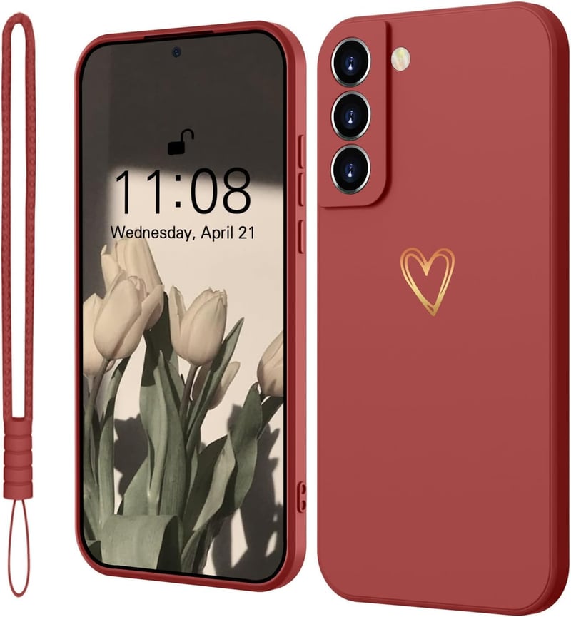 Silikónový kryt Mitetabo pre Samsung Galaxy S21 FE 5G so zlatým srdcom, tenký, odolný voči poškriabaniu, kompletná ochrana, červený
