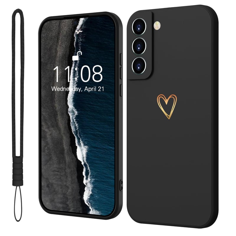 Silikónový kryt Mitetabo pre Samsung Galaxy S22 5G so zlatým srdcom, tenký, odolný proti poškriabaniu, kompletná ochrana, hviezdna čierna