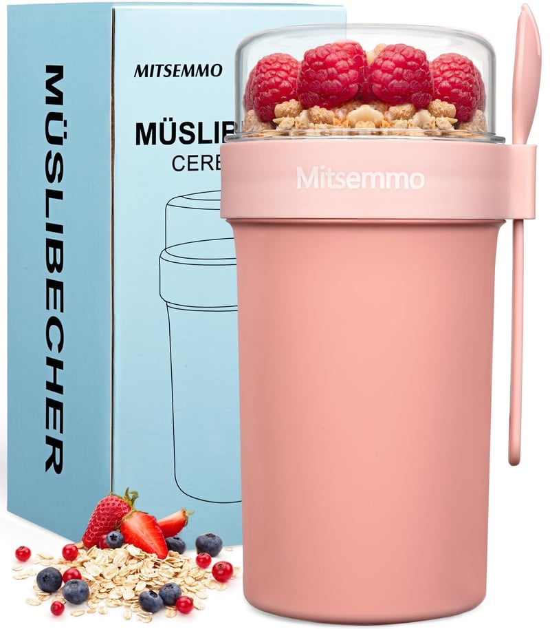 Mitsemmo téglik na müsli so sebou 760 ml + 230 ml ružový, pohár na jogurt s müsli a lyžičkou, box na raňajky, nádoba na cereálie
