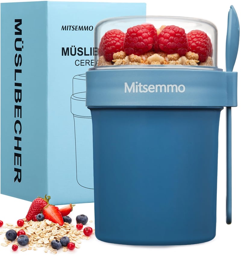Mitsemmo desiatový box na müsli so sebou s lyžičkou, 560 ml + 230 ml téglik na jogurt, miska na müsli pre deti, modrá