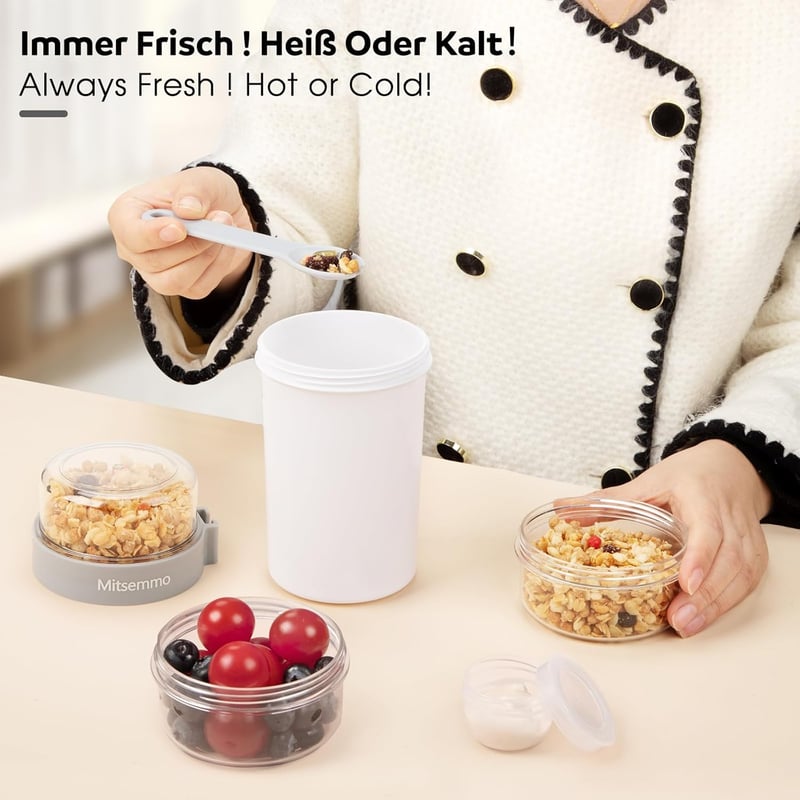 Mitsemmo Müzli Pohár 760ml + 230ml Kanállal, Joghurt Tartó, Reggeli Doboz Fehér - 760 Ml+230 Ml-white