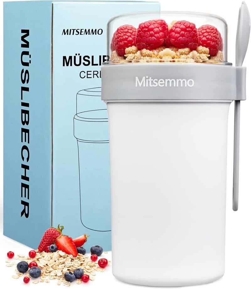 Mitsemmo Müzli Pohár 760ml + 230ml Kanállal, Joghurt Tartó, Reggeli Doboz Fehér - 760 Ml+230 Ml-white