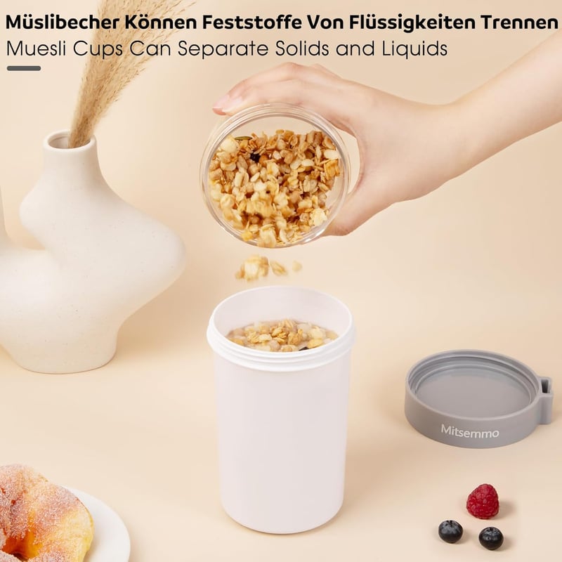 Mitsemmo Müzli Pohár 760ml + 230ml Kanállal, Joghurt Tartó, Reggeli Doboz Fehér - 760 Ml+230 Ml-white