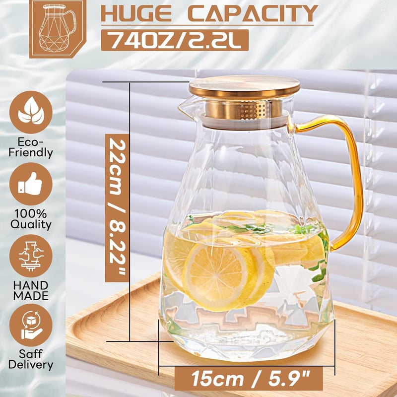 miudeco Üveg Kancsó Fedővel 2,2L Boroszilikát Gyémánt Mintás