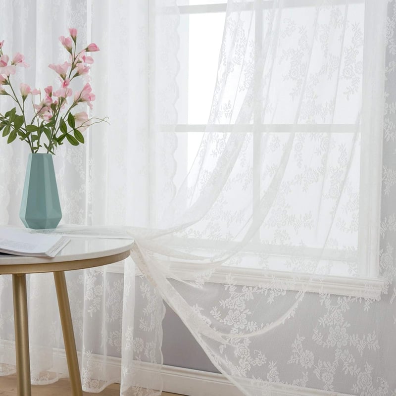 MIULEE Fehér Csipke Függöny - Fényáteresztő Fűzős Függönypár Nappali és Gyerekszoba Dekorációhoz - Mosható Poliészter, 245x150 cm, 2 db